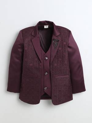 Boys wine satin geometric jacquard woven 3-piece suit set with bow tie 2
