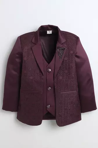 Boys wine satin geometric jacquard woven 3-piece suit set with bow tie