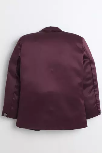 Boys wine satin geometric jacquard woven 3-piece suit set with bow tie