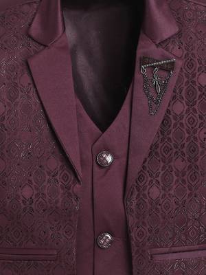 Boys wine satin geometric jacquard woven 3-piece suit set with bow tie 4