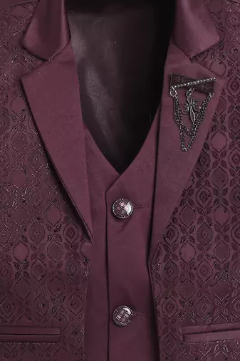 Boys wine satin geometric jacquard woven 3-piece suit set with bow tie