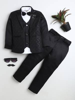Boys black satin modern geometric jacquard woven 3-piece suit set with bow tie 1