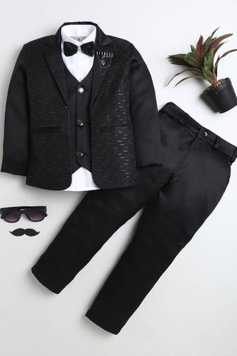 Boys black satin modern geometric jacquard woven 3-piece suit set with bow tie
