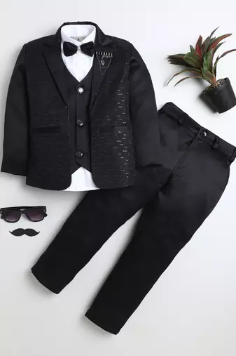 Boys black satin modern geometric jacquard woven 3-piece suit set with bow tie
