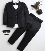 Boys black satin modern geometric jacquard woven 3-piece suit set with bow tie