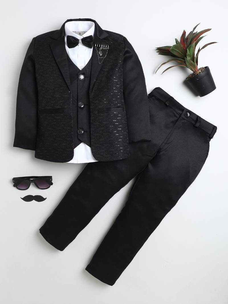 Boys black satin modern geometric jacquard woven 3-piece suit set with bow tie