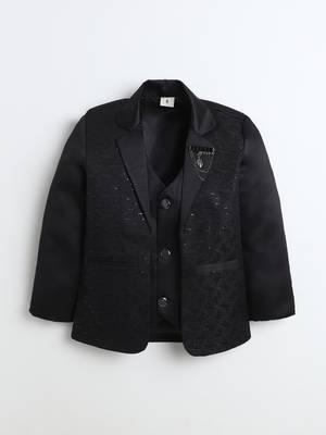 Boys black satin modern geometric jacquard woven 3-piece suit set with bow tie 2