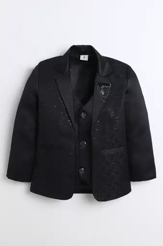 Boys black satin modern geometric jacquard woven 3-piece suit set with bow tie