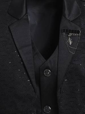 Boys black satin modern geometric jacquard woven 3-piece suit set with bow tie 4