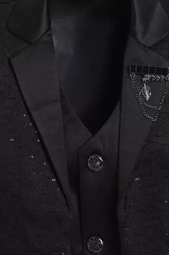 Boys black satin modern geometric jacquard woven 3-piece suit set with bow tie