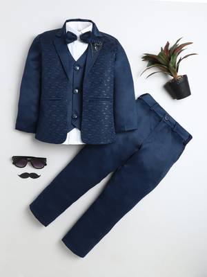 Boys royal blue satin modern geometric jacquard woven 3-piece suit set with bow tie 1