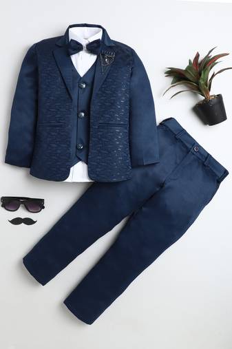 Boys royal blue satin modern geometric jacquard woven 3-piece suit set with bow tie
