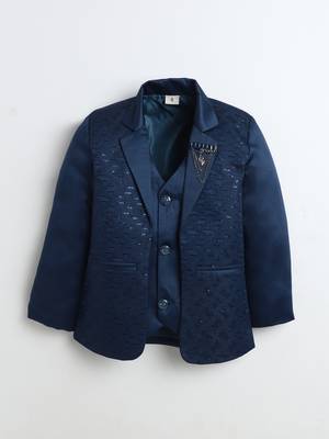 Boys royal blue satin modern geometric jacquard woven 3-piece suit set with bow tie 2