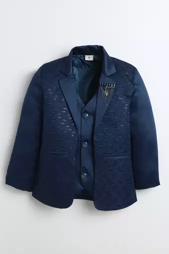 Boys royal blue satin modern geometric jacquard woven 3-piece suit set with bow tie