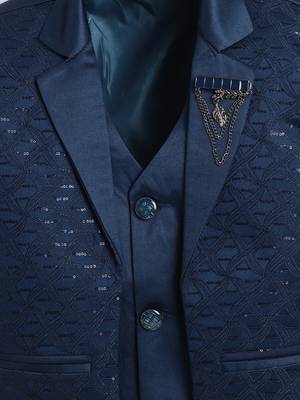 Boys royal blue satin modern geometric jacquard woven 3-piece suit set with bow tie 4