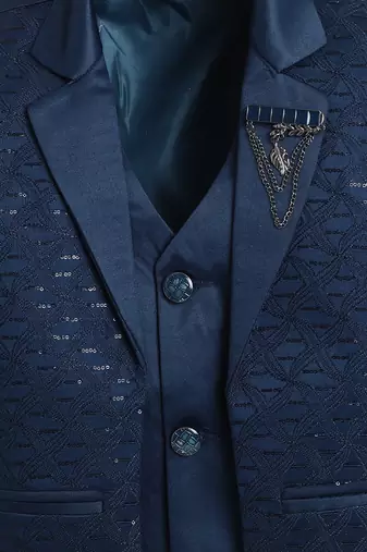Boys royal blue satin modern geometric jacquard woven 3-piece suit set with bow tie