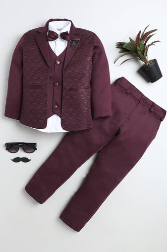 Boys wine satin modern geometric jacquard woven 3-piece suit set with bow tie