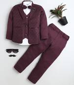 Boys wine satin modern geometric jacquard woven 3-piece suit set with bow tie