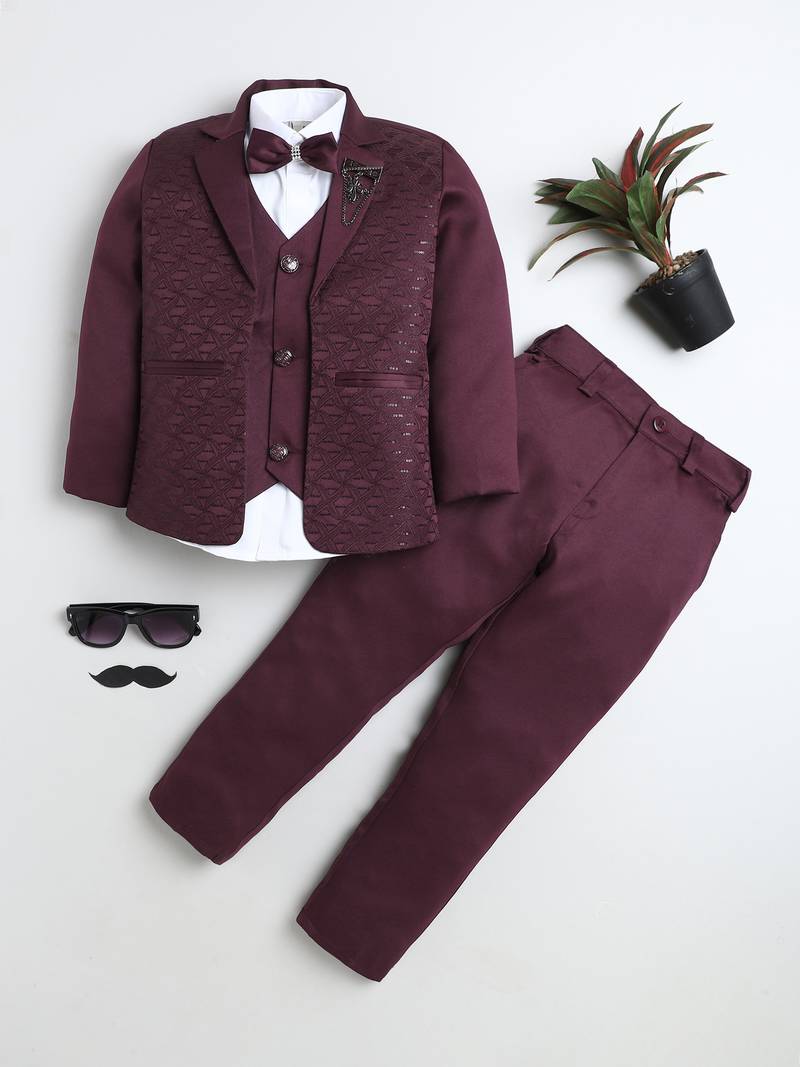 Boys wine satin modern geometric jacquard woven 3-piece suit set with bow tie