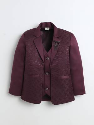 Boys wine satin modern geometric jacquard woven 3-piece suit set with bow tie 2