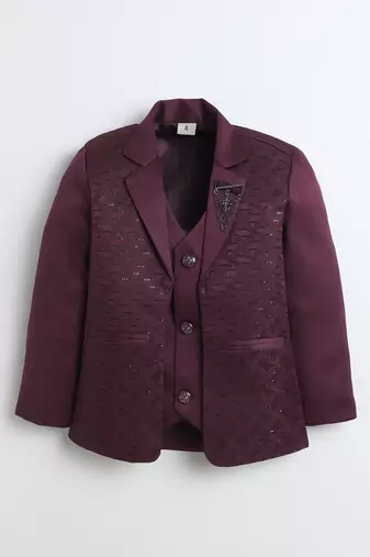 Boys wine satin modern geometric jacquard woven 3-piece suit set with bow tie