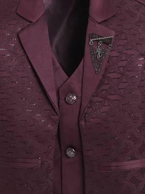 Boys wine satin modern geometric jacquard woven 3-piece suit set with bow tie 4