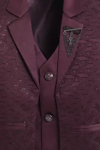 Boys wine satin modern geometric jacquard woven 3-piece suit set with bow tie