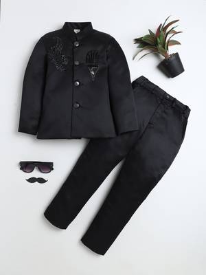 Boys black satin peacock sugar beads embellished bandhgala suit set 1