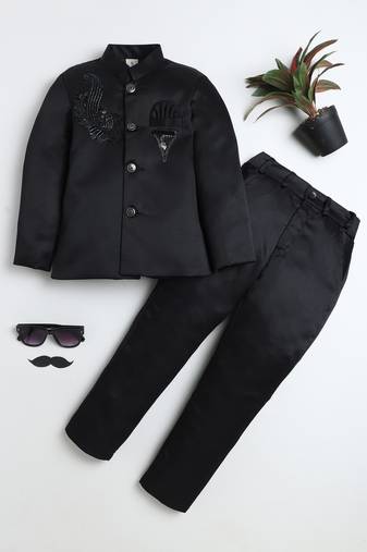 Boys black satin peacock sugar beads embellished bandhgala suit set