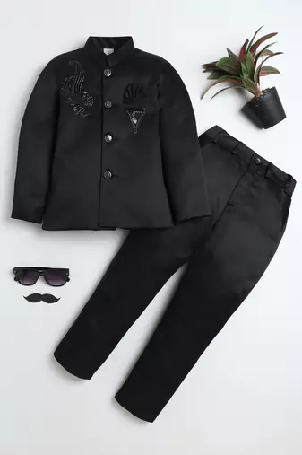 Boys black satin peacock sugar beads embellished bandhgala suit set
