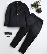 Boys black satin peacock sugar beads embellished bandhgala suit set