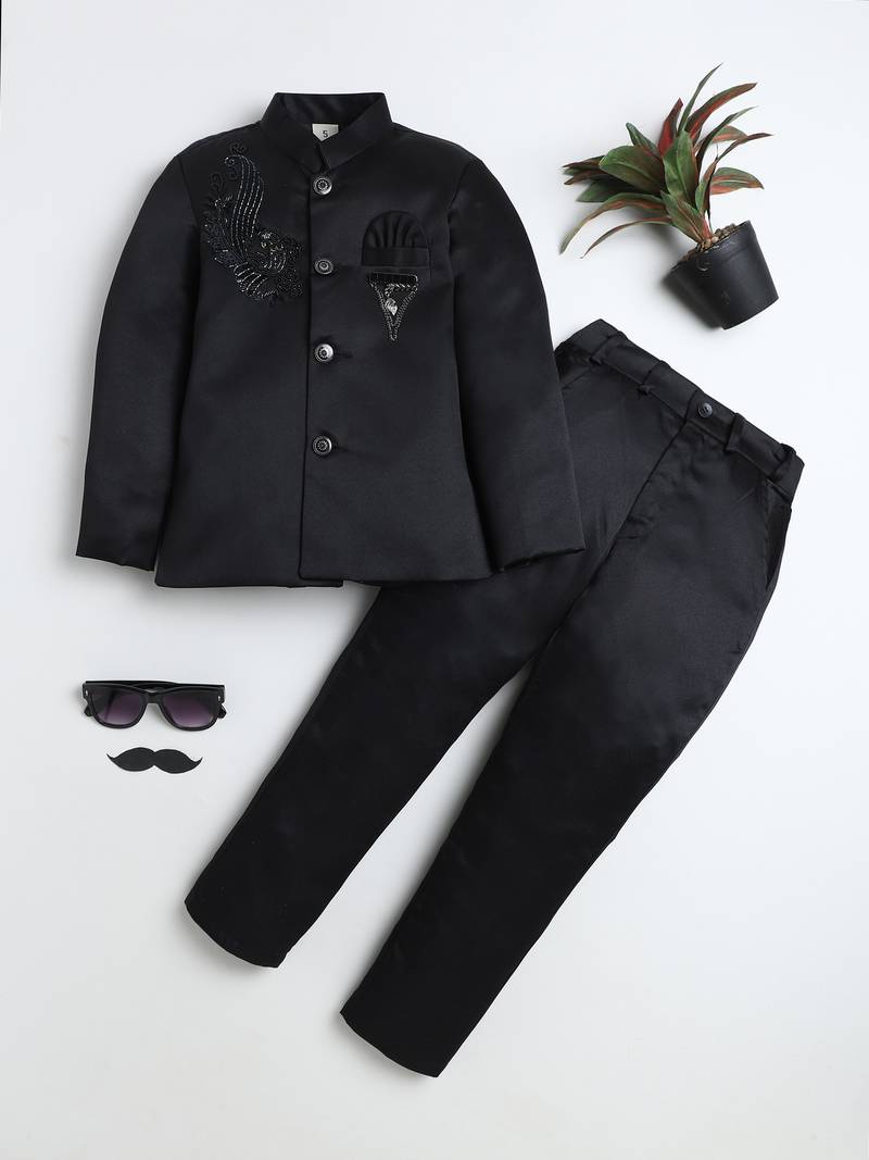 Boys black satin peacock sugar beads embellished bandhgala suit set