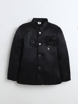 Boys black satin peacock sugar beads embellished bandhgala suit set 2