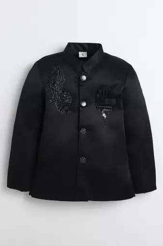 Boys black satin peacock sugar beads embellished bandhgala suit set