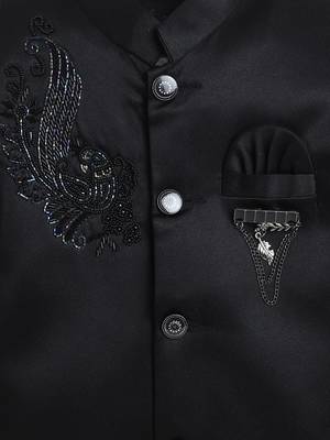 Boys black satin peacock sugar beads embellished bandhgala suit set 4