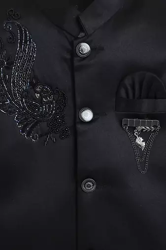 Boys black satin peacock sugar beads embellished bandhgala suit set