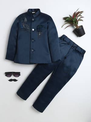 Boys teal blue satin peacock sugar beads embellished bandhgala suit set 1