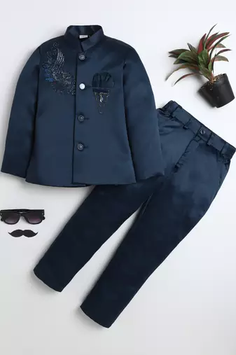 Boys teal blue satin peacock sugar beads embellished bandhgala suit set