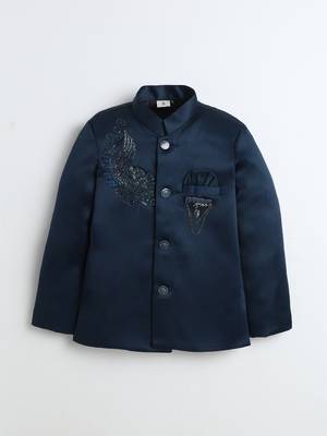 Boys teal blue satin peacock sugar beads embellished bandhgala suit set 2