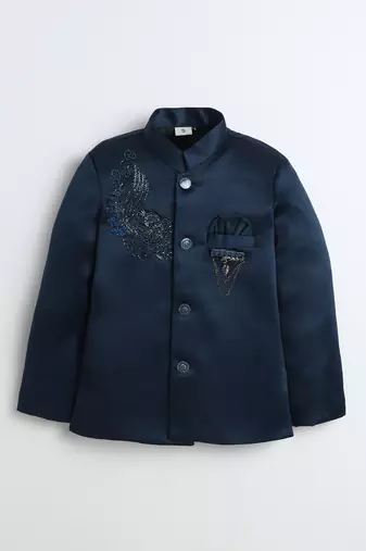Boys teal blue satin peacock sugar beads embellished bandhgala suit set