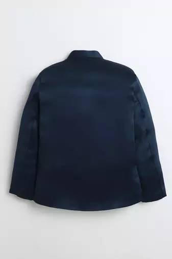 Boys teal blue satin peacock sugar beads embellished bandhgala suit set