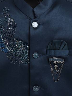 Boys teal blue satin peacock sugar beads embellished bandhgala suit set 4