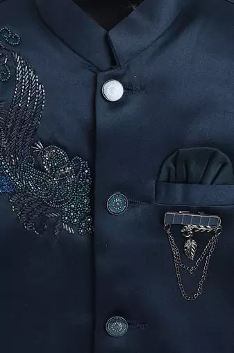 Boys teal blue satin peacock sugar beads embellished bandhgala suit set
