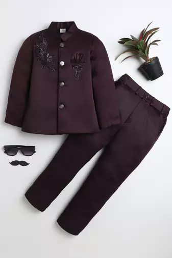 Boys wine satin peacock sugar beads embellished bandhgala suit set