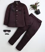 Boys wine satin peacock sugar beads embellished bandhgala suit set