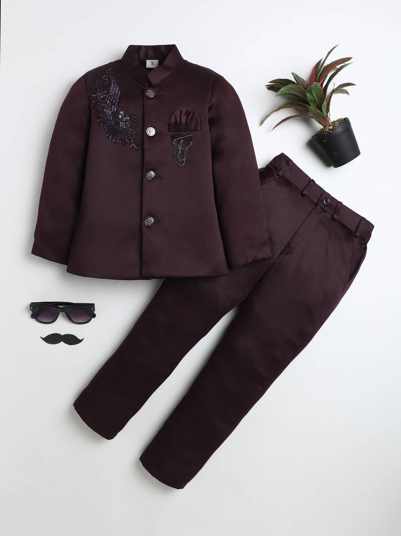 Boys wine satin peacock sugar beads embellished bandhgala suit set