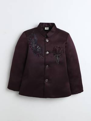 Boys wine satin peacock sugar beads embellished bandhgala suit set 2