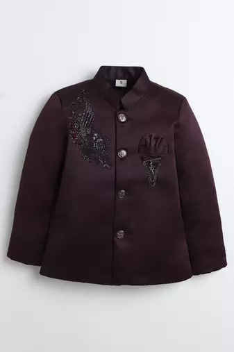Boys wine satin peacock sugar beads embellished bandhgala suit set