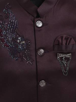 Boys wine satin peacock sugar beads embellished bandhgala suit set 4