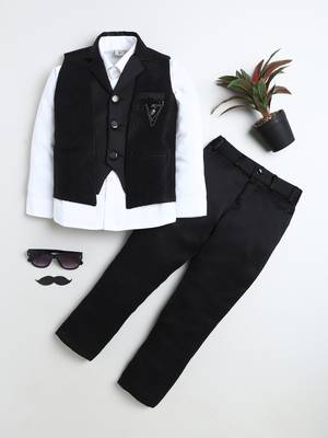 Boys black satin sunburst jacquard woven 3-piece party suit set 1
